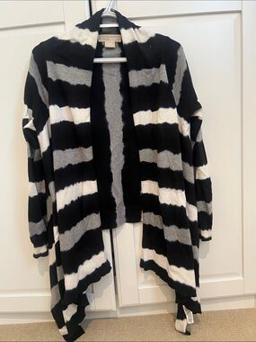 Michael Kors Black, White & Gray Striped Open-Front Cardigan